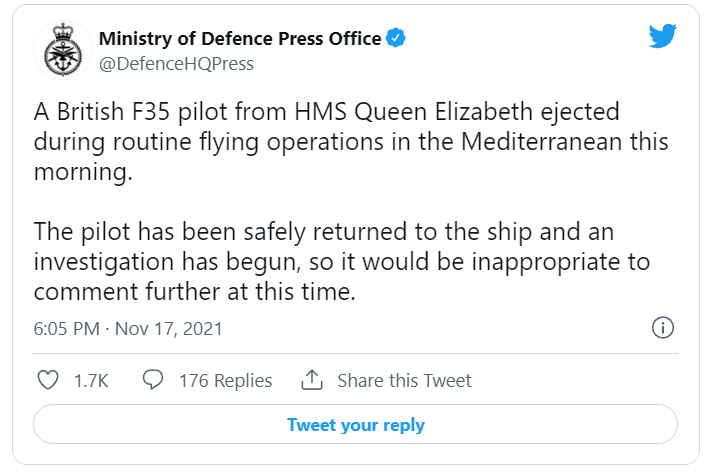F-35 британских ВВС разбился в Средиземном море