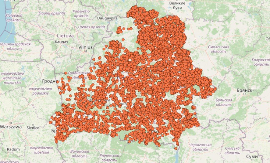 Карта сожженных деревень на территории Беларуси в годы ВОВ