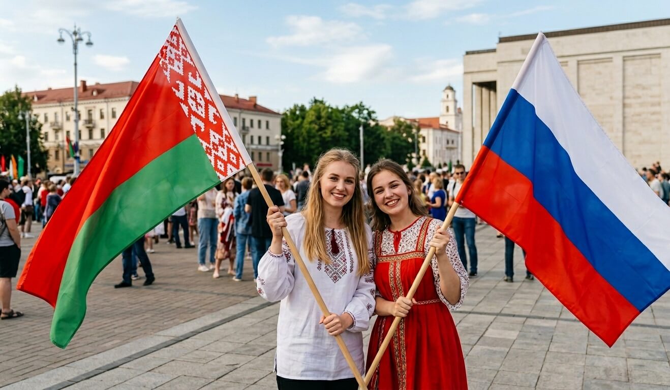 Девушки с флагами Беларуси и России