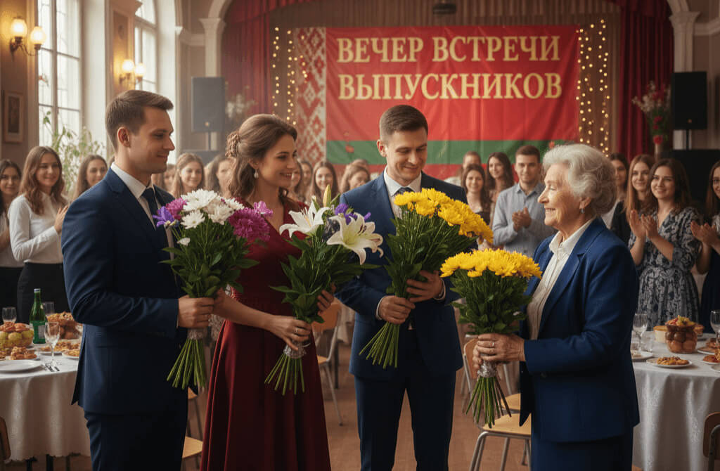 ученики дарят цветы учителю