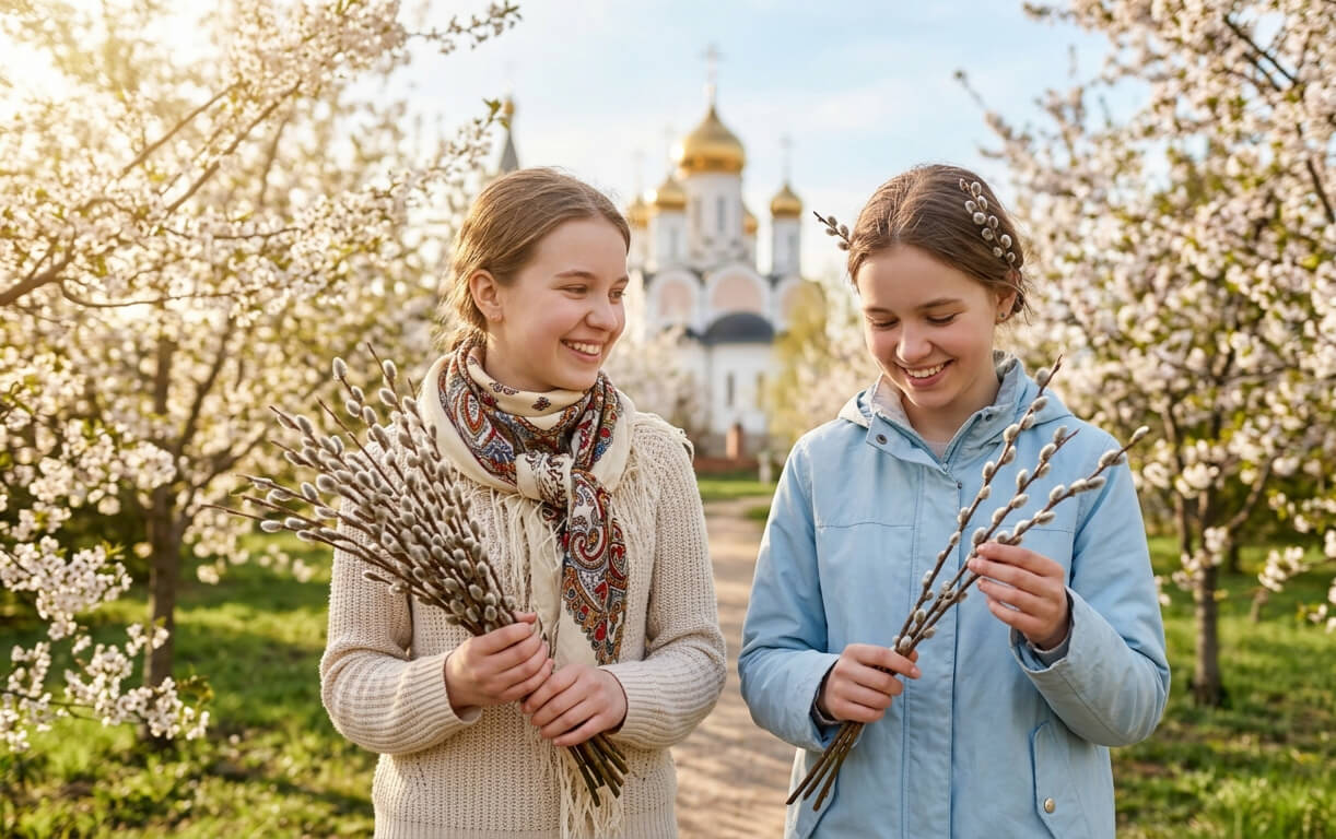 девушки с ветками вербы девушки с ветками вербы
